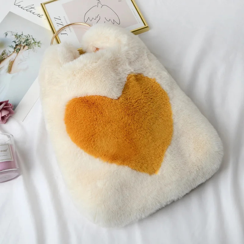 Evening Bags Plush Handbags Winter Shoulder Bag Cute Heart Star Prints Soft Hand Bag Women Solid Color Ladies Bag Tote Christmas Gift Bag 231030
