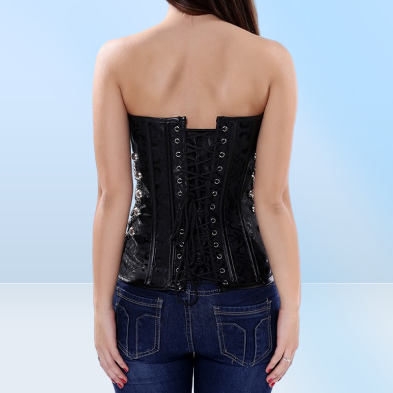 Women Vintage Steampunk Gothic PU Leather Panels Jacquard Overbust Corset Top with Chains and Buttons Accent S6XL Plus Size Brown5830902