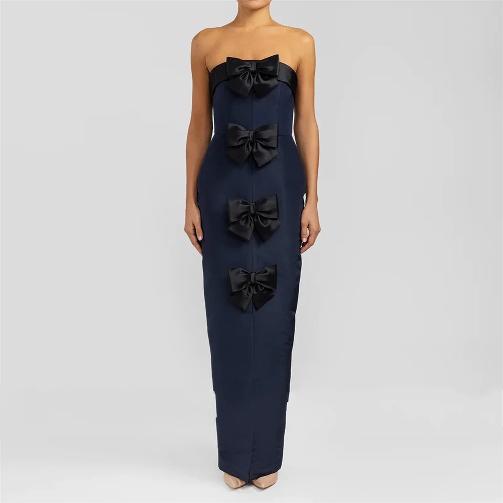 Red/Navy Blue Prom Dress for Women 2024 Big Bow Strapless Backless Simple Satin Evening Party Gowns Formal Dresses Robe De Soiree