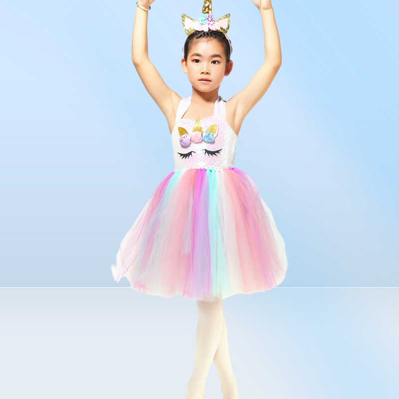 New Tutu Dress with Headband for Girls Kids Unicorn Sequin Suspender Tulle Dress Party Costume Fast Shipment