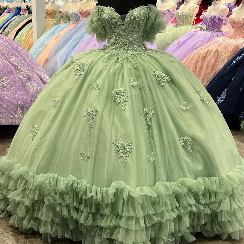 Sage Green Quinceanera Dresses Ball Gown Birthday Party Dress Applique Bow Lace Up Graduation Gown Sweetheart de 15 anos