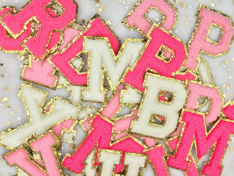 Bag Parts Accessories 5.5CM Felting stick on Large Pink Towel English letter Patches for Clothes Embroidery Appliques Clothing name Diy Accessories 23