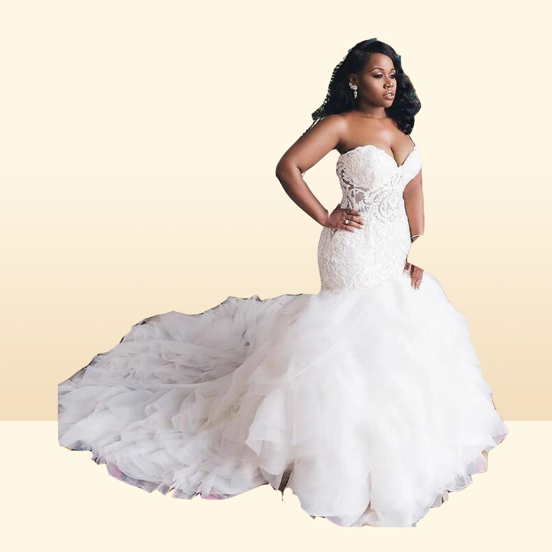 Mermaid Wedding Dresses Vintage Sexy African Sweetheart Illusion Lace Appliques Crystal Beaded Ruffles Tiered Organza Formal