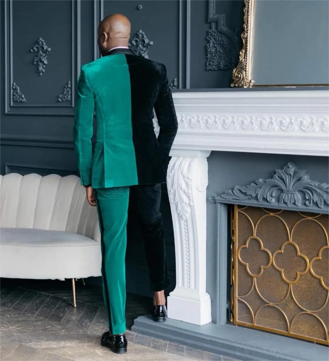 Green And Black Velvet Wedding Tuxedos Slim Fit Mens Suits 2 Pieces Sets Peaked Lapel Blazers Double Breasted Formal Suit With Jacket And Pants