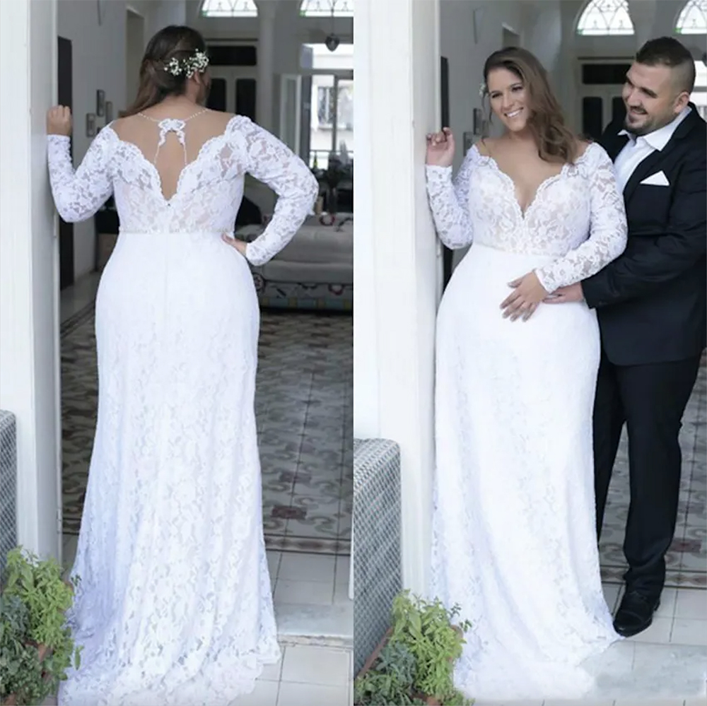 2023 Plus Size Wedding Dresses Deep V Neck Sheath Vintage Long Sleeves Wedding Dresses Bridal Gowns Sweep Train Spring Summer Wear Gown
