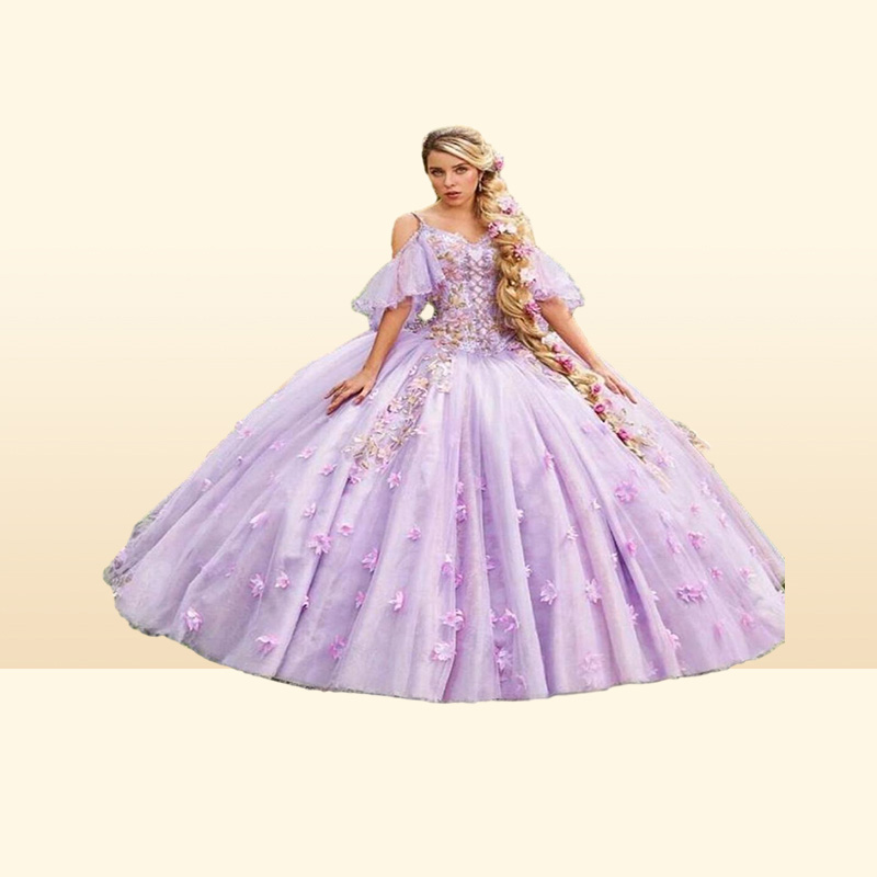 18 Century Lilac Quinceanera Dresses Off The Shoulder Medieval Prom Dress With 3D Flowers Lace Up Short Sleeve Sweet 15 Vesti