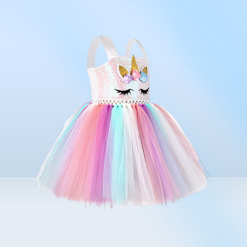 New Tutu Dress with Headband for Girls Kids Unicorn Sequin Suspender Tulle Dress Party Costume Fast Shipment
