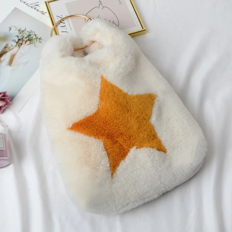 Evening Bags Plush Handbags Winter Shoulder Bag Cute Heart Star Prints Soft Hand Bag Women Solid Color Ladies Bag Tote Christmas Gift Bag 231030