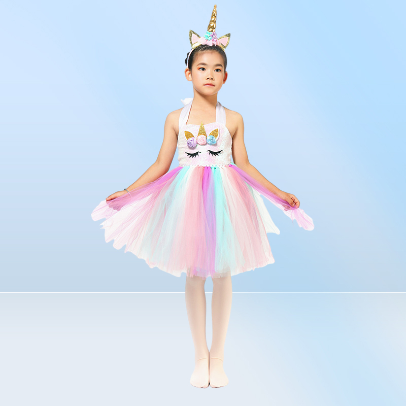 New Tutu Dress with Headband for Girls Kids Unicorn Sequin Suspender Tulle Dress Party Costume Fast Shipment
