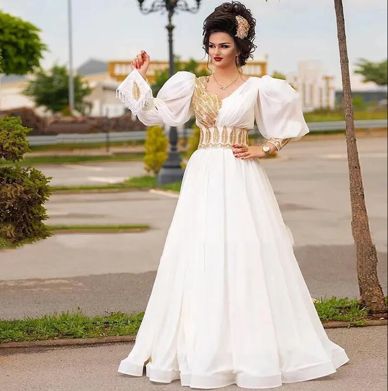Turkey Arabic caftan White Evening Dresses With Gold Lace Appliques Beaded Puff Long Sleeves Prom gown Karakou algerie