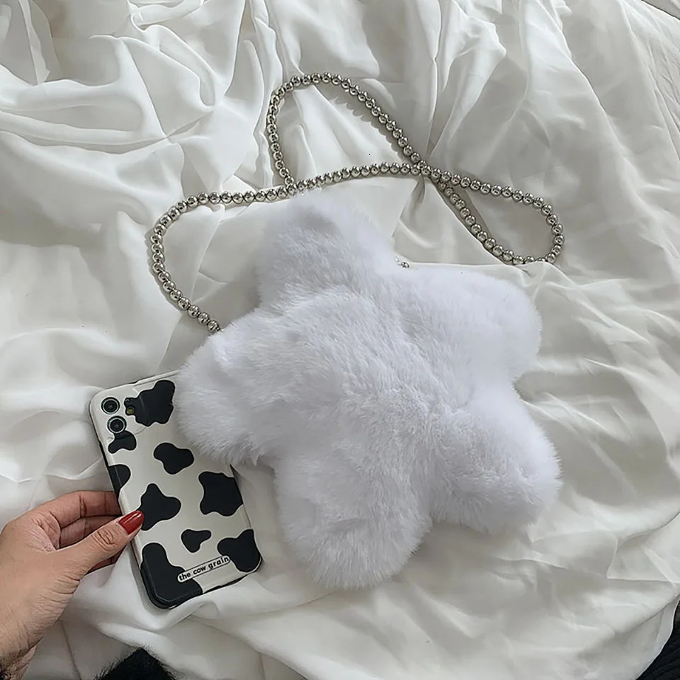 Evening Bags Winter Faux Fur Star Shape Women Bag Ins Fashion Plush Chain Shoulder Messenger Bags Black White Phone Coin Purse Bolsos 231030