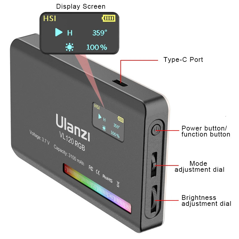Flash Heads Ulanzi VL120 RGB LED Video Light Camera Full Color Rechargeable 3100mAh Dimmable 2500 9000K Panel P o Studio Lamp 231030