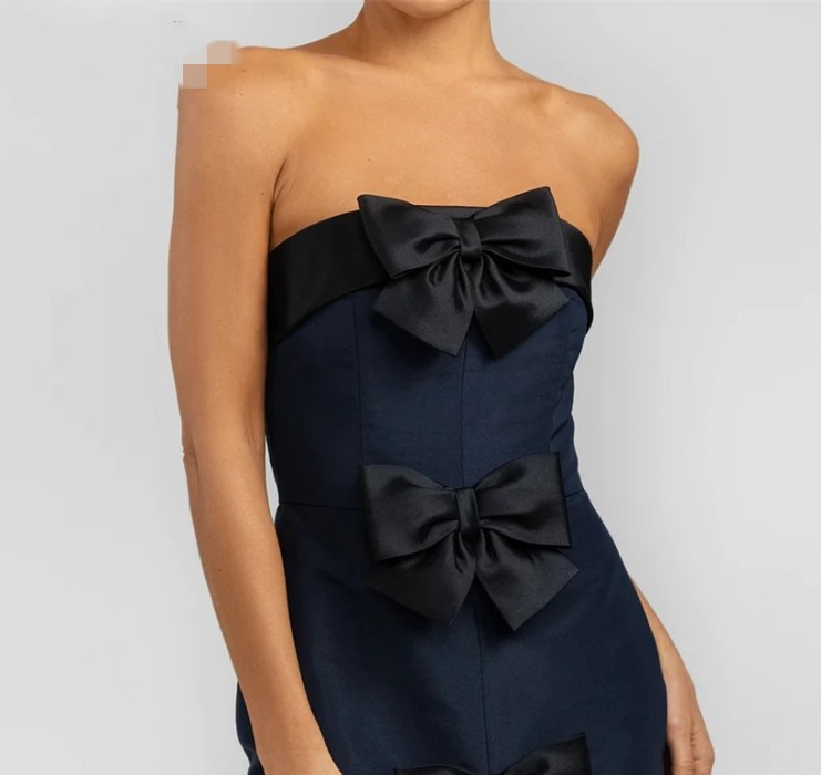 Red/Navy Blue Prom Dress for Women 2024 Big Bow Strapless Backless Simple Satin Evening Party Gowns Formal Dresses Robe De Soiree