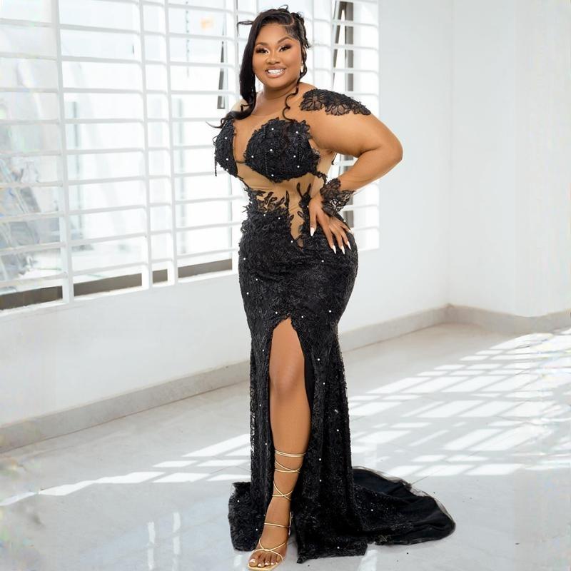 Black Jewel Side Split Sexy Tulle Prom Dress Aso Ebi See Long Sleeves Through African Women Lady Evening Gowns Formal Gown Beaded Appliqued Sequins Ou