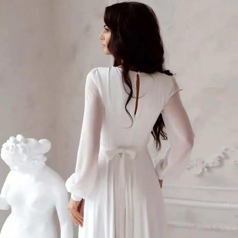 Chiffon A Line Wedding Dresses White Dresses Womens Vestidos Boda Playa Full Sleeve Simple