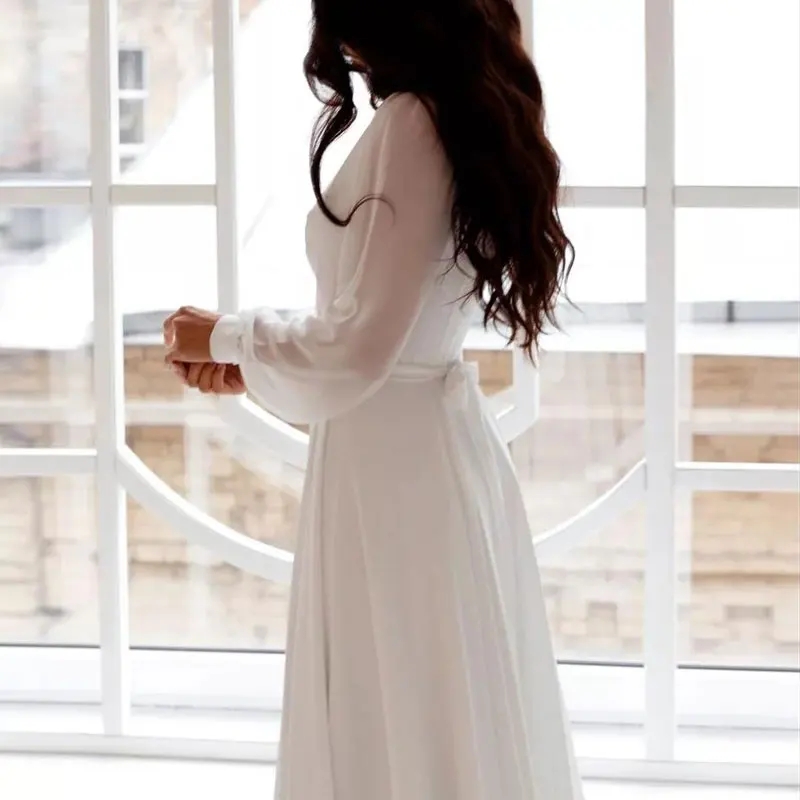 Chiffon A Line Wedding Dresses White Dresses Womens Vestidos Boda Playa Full Sleeve Simple
