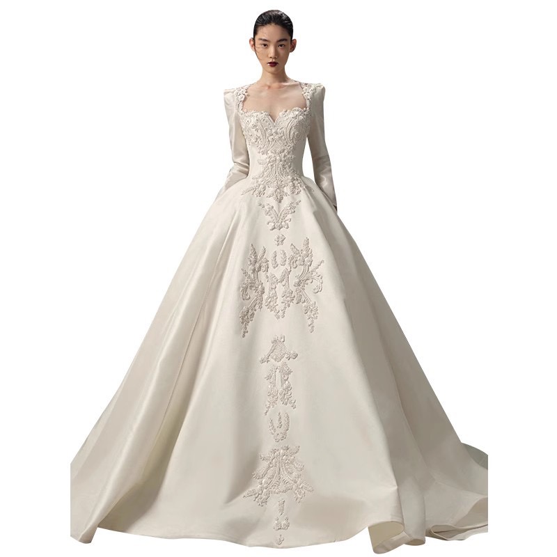 2023 Modest Long Sleeve Ball Gown Wedding Dresses princess satin Bridal Gowns plus size Lace Appliqued Sequins Plus Size Custom Made muslim Robe De Ma