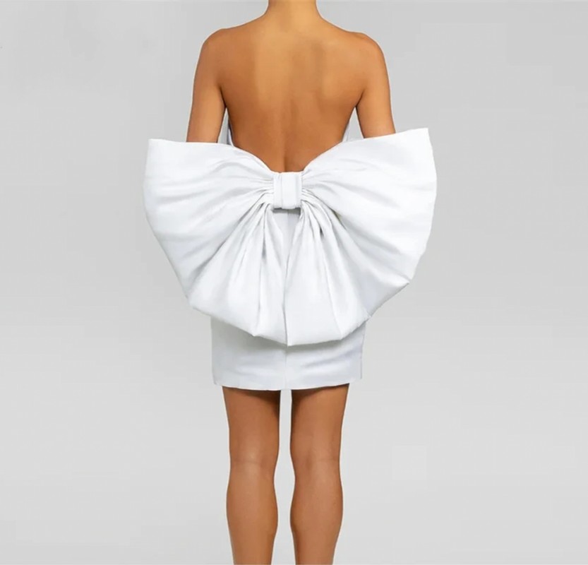 White Backless Prom Dress 2024 Short with Big Bow Strapless Above Knee Mini Women Cocktail Dresses Evening Party Gowns Robe De Soiree