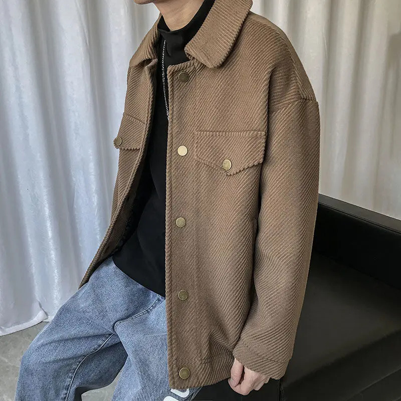 Men's Jackets Korean Corduroy Jacket Men's Slim Fashion Retro Short Woolen Coat Men Streetwear Loose Autumn Casual Woolen Jacket Mens S-XL 2
