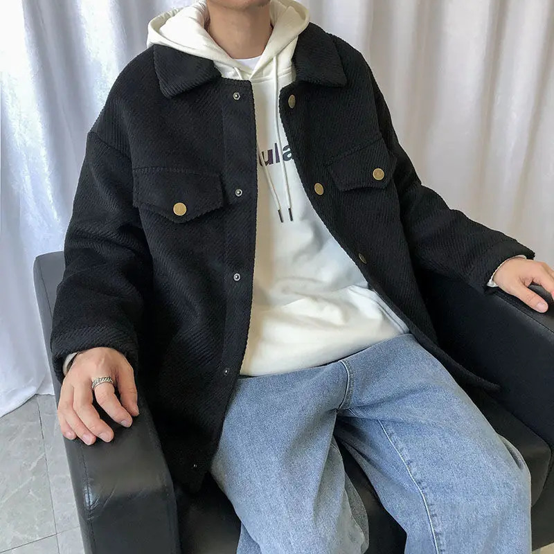 Men's Jackets Korean Corduroy Jacket Men's Slim Fashion Retro Short Woolen Coat Men Streetwear Loose Autumn Casual Woolen Jacket Mens S-XL 2