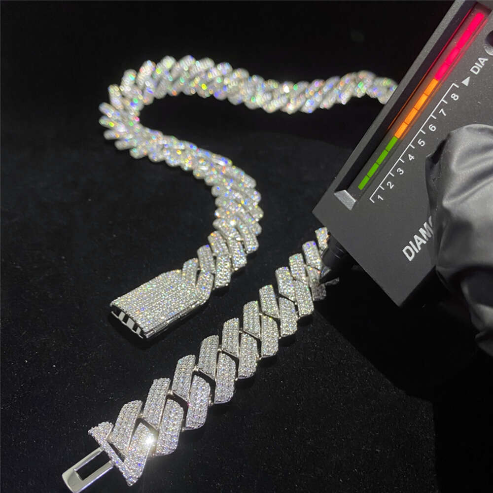 necklace moissanite chain cuban link chain 3row Diamond 18mm 925 Sterling Silver Moissanite Cuban Chain Necklace Hip Hop Fashion Mens