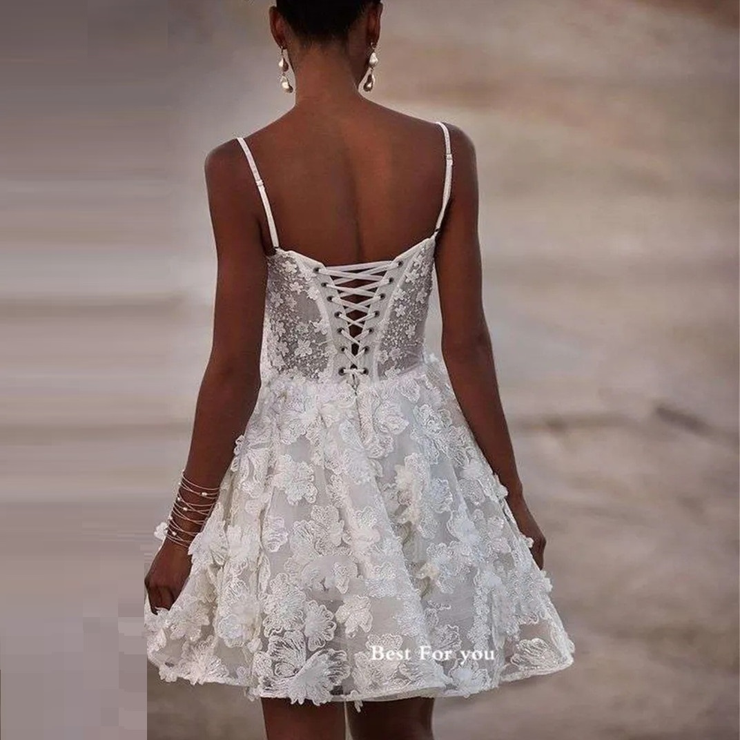 Sexy Short Lace Glitter Wedding Dresses Spaghetti Straps 3D Flowers Sweetheart Corset Bridal Gowns Formal Party Dress