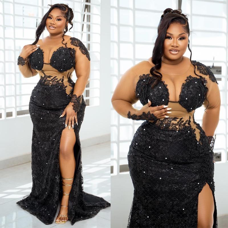 Black Jewel Side Split Sexy Tulle Prom Dress Aso Ebi See Long Sleeves Through African Women Lady Evening Gowns Formal Gown Beaded Appliqued Sequins Ou