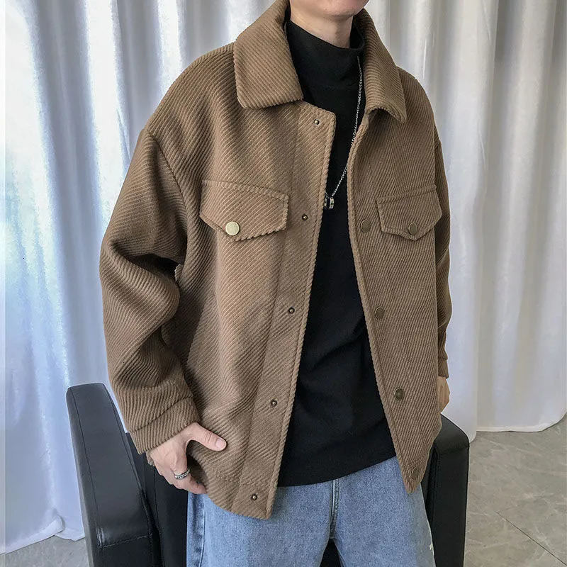 Men's Jackets Korean Corduroy Jacket Men's Slim Fashion Retro Short Woolen Coat Men Streetwear Loose Autumn Casual Woolen Jacket Mens S-XL 2