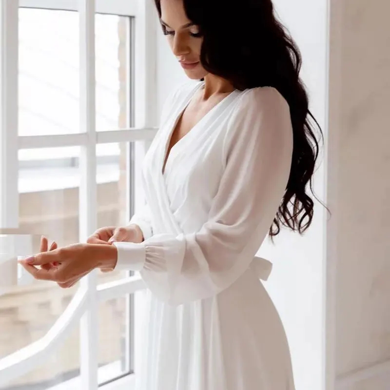 Chiffon A Line Wedding Dresses White Dresses Womens Vestidos Boda Playa Full Sleeve Simple