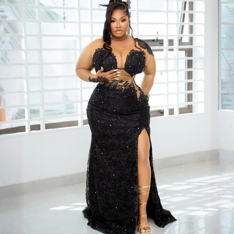 Black Jewel Side Split Sexy Tulle Prom Dress Aso Ebi See Long Sleeves Through African Women Lady Evening Gowns Formal Gown Beaded Appliqued Sequins Ou