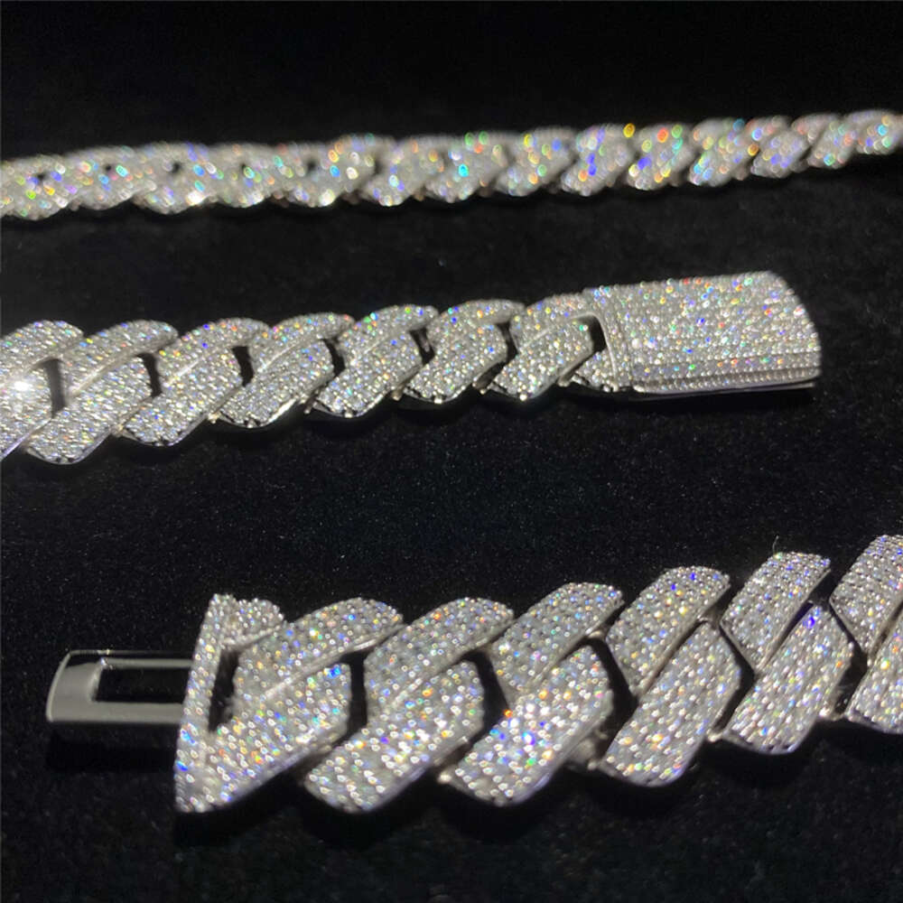 necklace moissanite chain cuban link chain 3row Diamond 18mm 925 Sterling Silver Moissanite Cuban Chain Necklace Hip Hop Fashion Mens