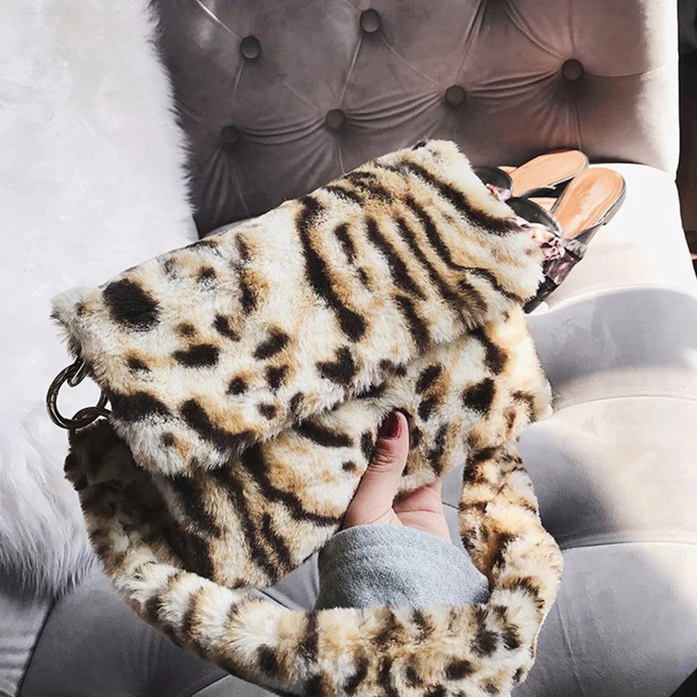 Evening Bags Women Winter Faux Fur Shoulder Bag Winter Soft Plush Leopard Print Ladies Hand Bags Fashion Party Female Handbag Torebka Damska 231030