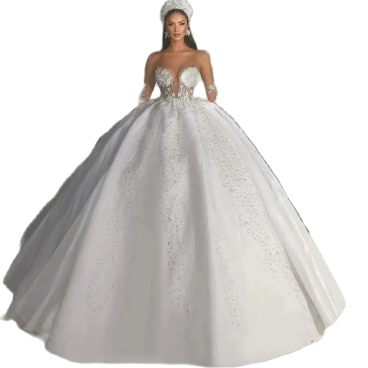 Sexy Strapless Wedding Dresses Ball Gown Sparkling Sequined Lace Pearls Beads Bridal Dress Custom Made Gowns