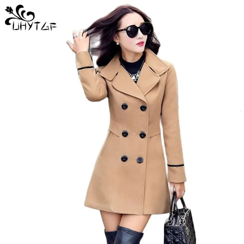 Women's Wool Blends UHYTGF Coat Woman Autumn Winter Wool Coats For Women Overcoat Double-breasted Woolen Jackets For Women Outerwear M-3XL 124 23