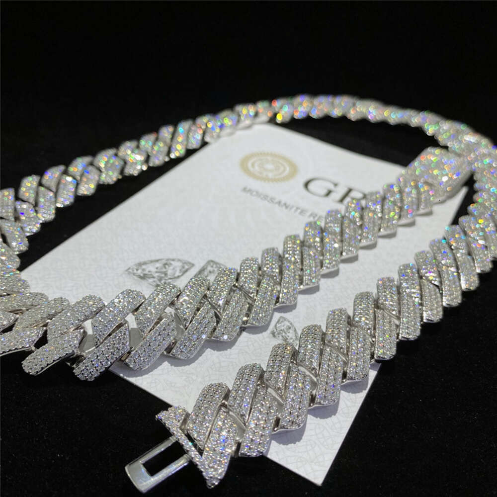necklace moissanite chain cuban link chain 3row Diamond 18mm 925 Sterling Silver Moissanite Cuban Chain Necklace Hip Hop Fashion Mens