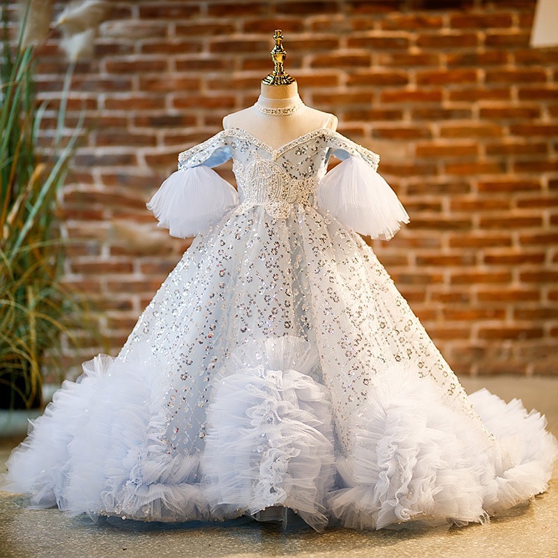 Sparkly Flower Luxurious Little Girl Wedding Cheap Dresses Boho Kids First Communion Dress Vintage Pageant Gowns