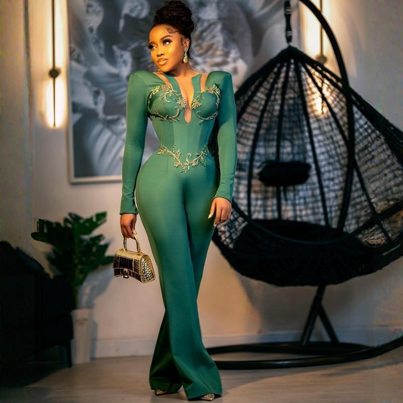 2023 Aso Ebi One-Piece Emerald African Prom Dresses Formal Wear Colthes Jumpsuit Beaded Crystals Ruffle Party Second Reception Gowns Plus Size Evening