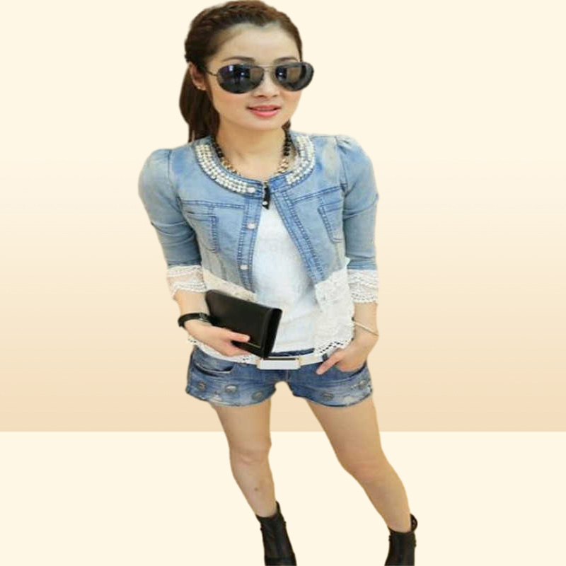 Elegant lace denim jacket coat women Casual short basic jacket Beading Patchwork Slim jean jackets Plus size 4XL X07267248901