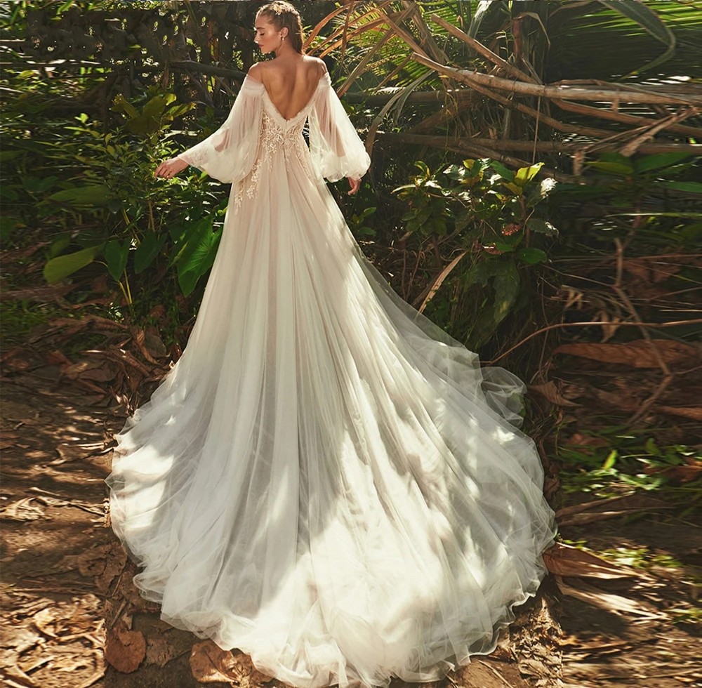 Elegant Sweetheart Puff Long Sleeves Wedding Dress For Women 2024 Backless Tulle Bridal Gown Classic Robe De Mariee Vestidos De Noiva
