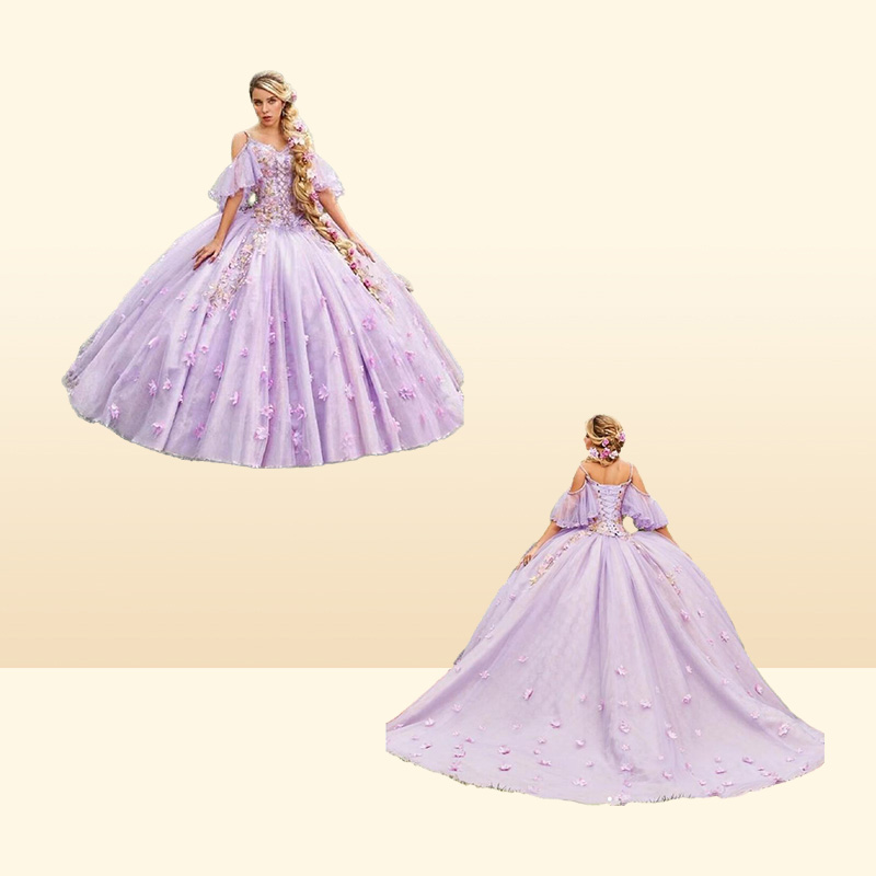 18 Century Lilac Quinceanera Dresses Off The Shoulder Medieval Prom Dress With 3D Flowers Lace Up Short Sleeve Sweet 15 Vesti