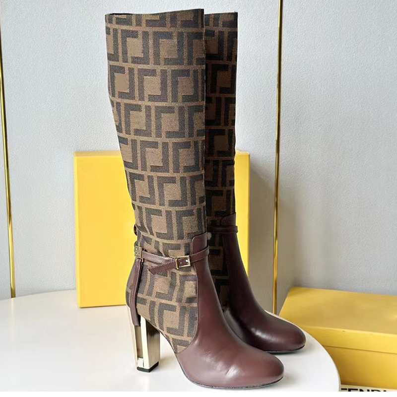 Knee Boots with high heels 10cm Belt buckle decoration CutOuts metal carved SpecialShaped Heel Round Toes Designer Fashion Zip Motorcycle High boots Knight Bo no box