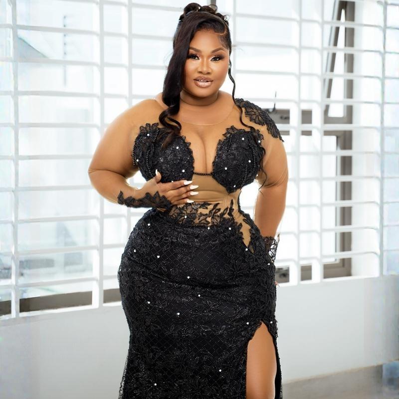 Black Jewel Side Split Sexy Tulle Prom Dress Aso Ebi See Long Sleeves Through African Women Lady Evening Gowns Formal Gown Beaded Appliqued Sequins Ou