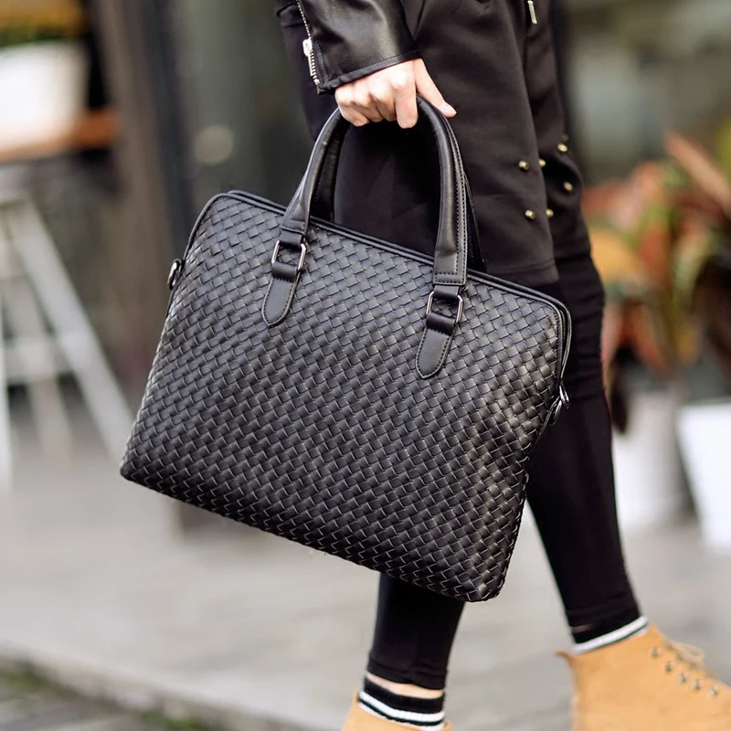 Briefcases The Male Cross Braided Bag Handbag Briefcase Bag Casual Fashion Weave Leather Men Business Bags Shoulder Laptop Bags 231030
