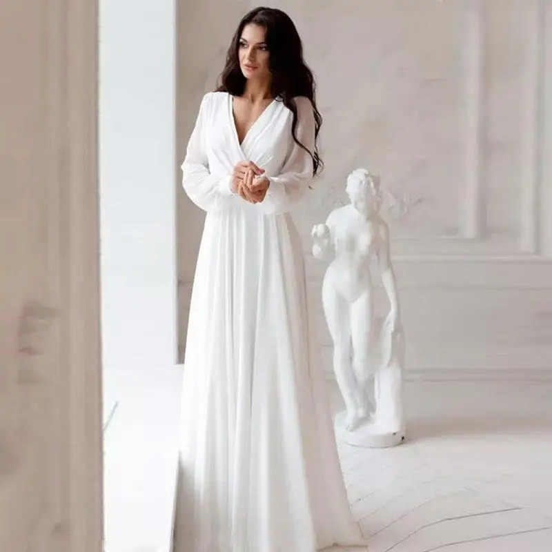 Chiffon A Line Wedding Dresses White Dresses Womens Vestidos Boda Playa Full Sleeve Simple