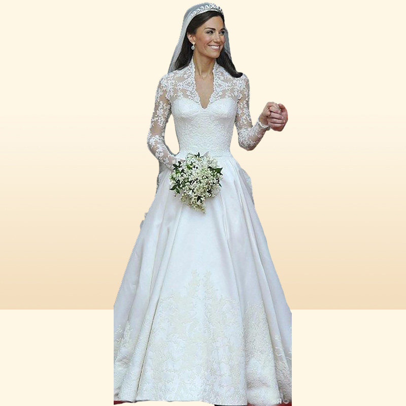 Stunning Kate Middleton Wedding Dresses Royal Modest Bridal Gowns Lace Long Sleeves Ruffles Cathedral Train Custom Made High Quali