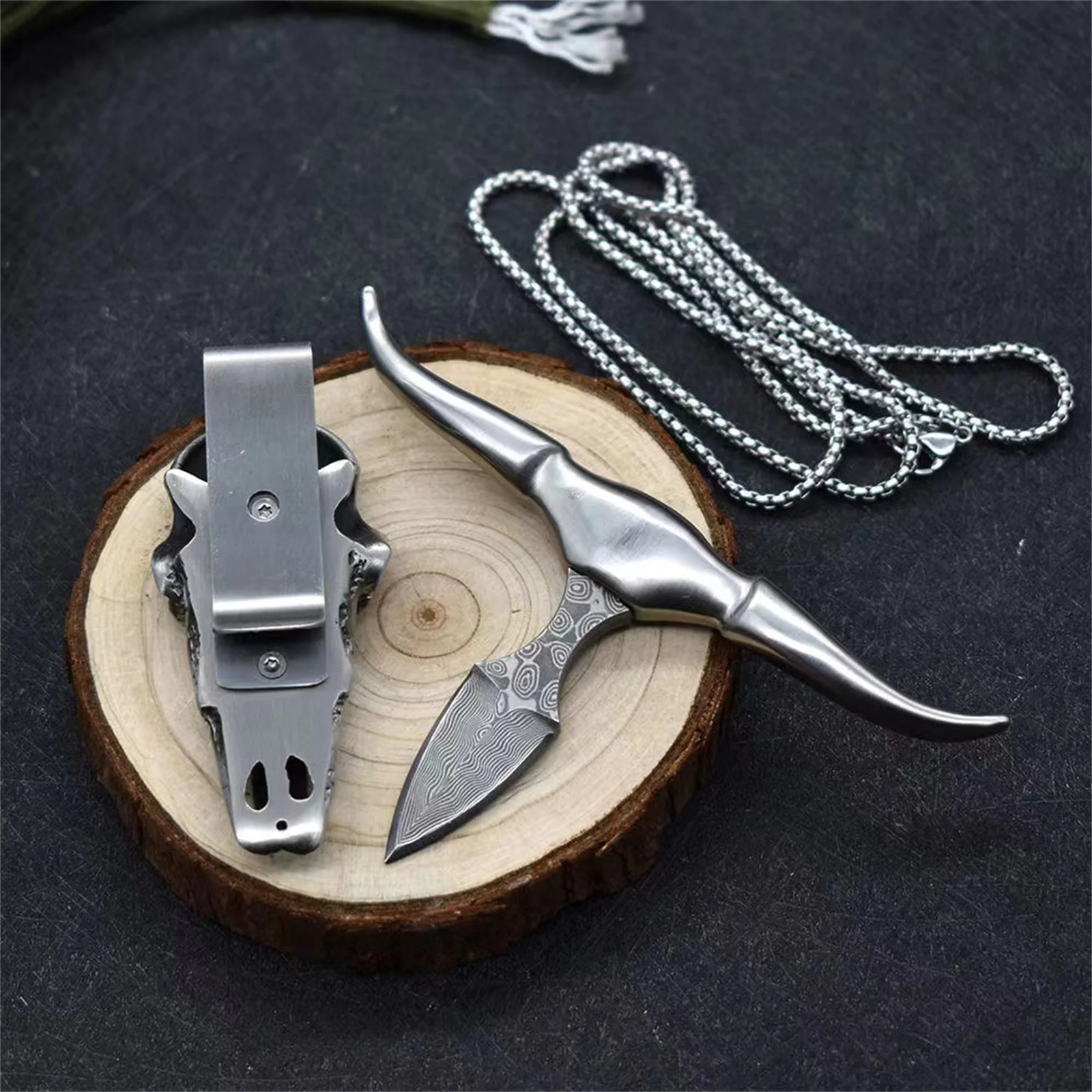 Camp Furniture D2 Damascus Necklace Knife Pendant EDC Mutil tool Car Decoration Cool 231030