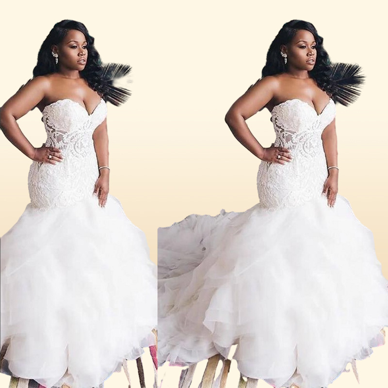 Mermaid Wedding Dresses Vintage Sexy African Sweetheart Illusion Lace Appliques Crystal Beaded Ruffles Tiered Organza Formal