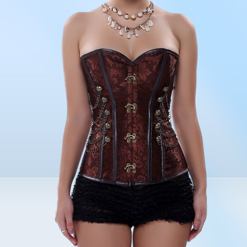 Women Vintage Steampunk Gothic PU Leather Panels Jacquard Overbust Corset Top with Chains and Buttons Accent S6XL Plus Size Brown5830902