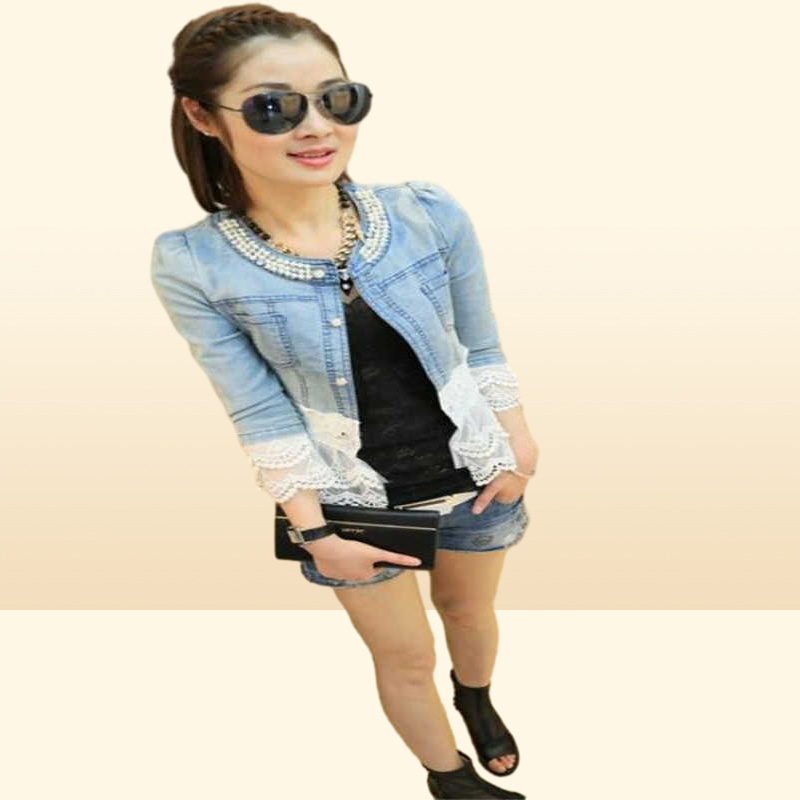 Elegant lace denim jacket coat women Casual short basic jacket Beading Patchwork Slim jean jackets Plus size 4XL X07267248901