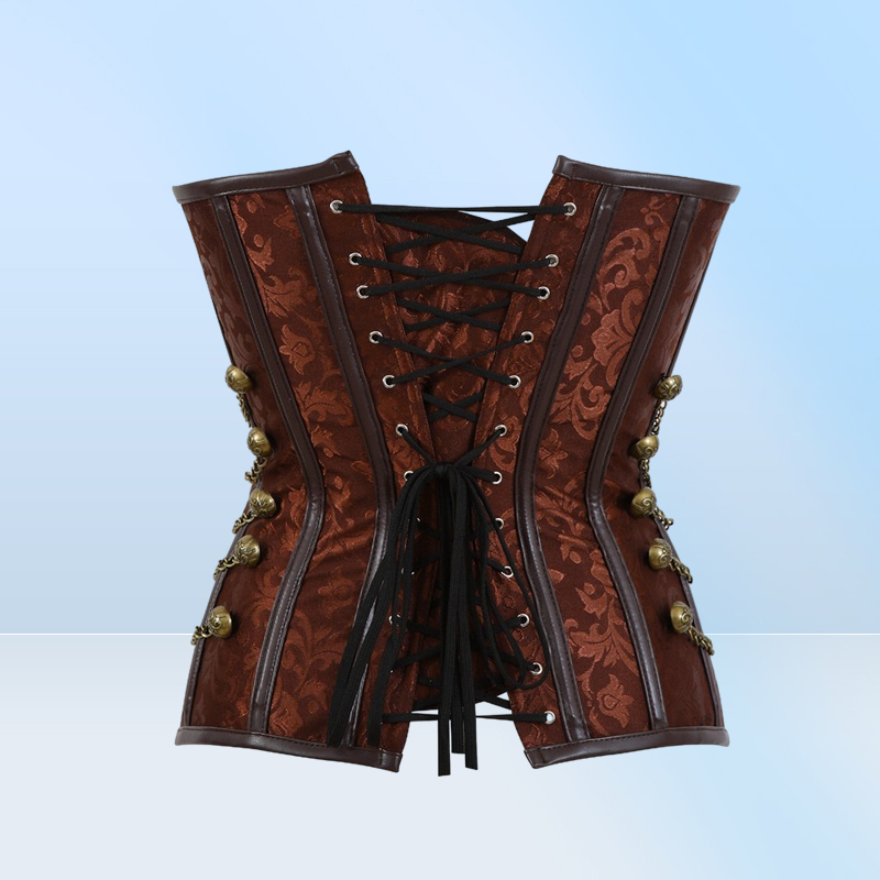 Women Vintage Steampunk Gothic PU Leather Panels Jacquard Overbust Corset Top with Chains and Buttons Accent S6XL Plus Size Brown5830902
